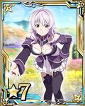  black_legwear breasts cleavage day field flower flower_field hand_on_hip jewelry large_breasts leaning_forward long_hair looking_at_viewer mole mole_on_breast outdoors pleated_skirt purple_hair red_eyes ring skirt solo strea sword_art_online thighhighs white_skirt 