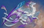  ambiguous_gender blue_feathers claws detailed_background digital_media_(artwork) dragon feathered_dragon feathered_wings feathers feral flying fur furred_dragon horn isvoc nude outside purple_eyes purple_feathers sky smile solo star starry_sky white_feathers white_fur wings 