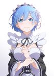  black_neckwear black_ribbon blue_eyes blue_hair breasts detached_sleeves hair_ornament hair_ribbon large_breasts looking_at_viewer maid masabodo neck_ribbon pink_ribbon re:zero_kara_hajimeru_isekai_seikatsu rem_(re:zero) ribbon short_hair simple_background solo tears upper_body white_background 