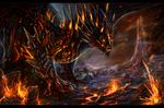  black_bars black_scales detailed_background digital_media_(artwork) dragon feral fire glowing glowing_eyes isvoc lava male outside scales solo standing 