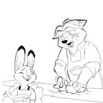  2016 anthro black_and_white canine clothed clothing cooking disney dough duo eye_contact female fox gideon_grey judy_hopps lagomorph male mammal monochrome rabbit replytoanons simple_background smile white_background zootopia 