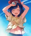  :d ^_^ armpit_peek armpits arms_up bangs beanie blue_sky blush bracelet closed_eyes condensation_trail day floral_print glint happy hat holding holding_poke_ball jewelry laughing light_particles midriff mizuki_(pokemon) muutsuki navel open_mouth poke_ball poke_ball_(generic) pokemon pokemon_(game) pokemon_sm print_shirt red_hat shirt short_hair shorts sky smile solo stomach swept_bangs tied_shirt upper_body wide_sleeves 