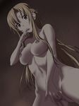  1girl areolae asuna_(sao) braid breasts brown_eyes brown_hair censored finger_to_mouth fingering highres kotobuki_hajime legs long_hair looking_at_viewer masturbation mosaic_censoring navel nipples nude pussy simple_background solo standing sword_art_online thighs 