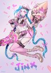  artist_name belt blue_hair braid bullet character_name fingerless_gloves flat_chest full_body garter_straps gloves gun hat heart highres jinx_(league_of_legends) kazeco league_of_legends lipstick_tube long_hair midriff nail_polish navel pale_skin parted_lips pink_eyes pink_legwear pink_nails rocket_launcher shell_casing smile solo thighhighs twin_braids very_long_hair weapon 