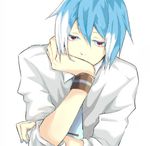  blue_hair blue_nails blue_neckwear colored_eyelashes covered_mouth male_focus matsudappoiyo multicolored_hair nail_polish necktie pink_eyes sakuya_(kagamine1130) solo streaked_hair third-party_edit utau wristband 