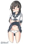  arm_behind_back ass_visible_through_thighs bangs belly_peek black_eyes black_hair black_skirt blush bow bow_panties collarbone cowboy_shot cropped_legs ebifurya eyebrows eyebrows_visible_through_hair fubuki_(kantai_collection) highres kantai_collection lifted_by_self looking_to_the_side low_ponytail navel panties pleated_skirt school_uniform serafuku short_sleeves sidelocks simple_background skirt skirt_lift solo sweat triangle_mouth underwear white_background white_bow white_panties 