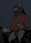  anthro bottomless canine claws clothed clothing forge_(artist) fur glowing glowing_eyes graveyard grin headstone hoodie male mammal night outside pubes red_eyes simon_(character) simple_background were werewolf wolf 