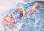  :o animal_print black_ribbon blue_dress blush butterfly_print choker dress hands_clasped japanese_clothes kimono looking_up lying lying_on_water on_back own_hands_together partially_submerged pink_eyes pink_hair ribbon ribbon_choker saigyouji_yuyuko sash side_slit solo suo_niao touhou triangular_headpiece wet wet_clothes wide_sleeves 