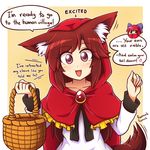  animal_ear_fluff animal_ears basket blue_bow blush bow brooch brown_hair capelet chibi chibi_inset collarbone english fang hair_bow highres hood imaizumi_kagerou jewelry jitome little_red_riding_hood little_red_riding_hood_(grimm) long_sleeves looking_at_viewer multiple_girls open_mouth red_capelet red_eyes sekibanki smile tail tail_wagging touhou upper_body wolf_ears wolf_tail wool_(miwol) 
