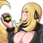  1girl artist_request black_nails blonde_hair blush breasts cleavage cleavage_cutout female hair_ornament holding holding_poke_ball large_breasts lips looking_at_viewer looking_to_the_side luxury_ball nail_polish nintendo poke_ball pokemon pokemon_(anime) pokemon_(game) pokemon_dppt shiny shiny_skin shirona_(pokemon) solo upper_body very_long_hair 