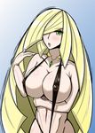  1girl breasts female huge_breasts long_hair looking_at_viewer lusamine_(pokemon) nintendo nipples pokemon pokemon_(game) pokemon_sm sling_bikini smile swimsuit 