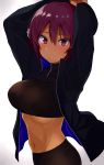  1girl arms_up bangs black_jacket black_shirt black_shorts blush breasts closed_mouth commentary_request covered_nipples crop_top dark_skin gomashi_(goma) gradient gradient_background groin hair_between_eyes highres jacket long_sleeves looking_at_viewer medium_breasts midriff navel open_clothes open_jacket original purple_eyes purple_hair shirt short_hair shorts solo stomach upper_body white_background 