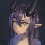  animal_humanoid blush digital_media_(artwork) dragon dragon_humanoid female hair headshot_portrait hi_res horn humanoid klifflod long_hair monster_girl_(genre) nyx_(klifflod) pointy_ears portrait scales scalie signature simple_background solo thinking 