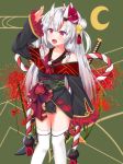  1girl arm_up bell blush collarbone fangs flower hero-c-164 highres hololive horns japanese_clothes katana long_hair nakiri_ayame oni_horns oni_mask open_mouth red_eyes sheath sheathed simple_background solo standing sword thighhighs virtual_youtuber weapon white_hair white_legwear 