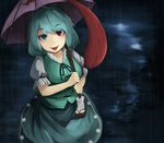  bad_id bad_pixiv_id banned_artist bimuri blue_hair blue_skirt blue_vest geta heterochromia holding holding_umbrella karakasa_obake looking_at_viewer puffy_short_sleeves puffy_sleeves rain short_sleeves skirt smile solo tatara_kogasa tongue tongue_out touhou umbrella vest 