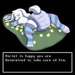  2016 anthro asriel_dreemurr blush boss_monster caprine clothing cub diaper english_text flower fur goat green_eyes kyuutei legwear long_ears looking_at_viewer male mammal nude open_mouth penis plant presenting presenting_rear smile socks solo sweat text undertale video_games white_fur young 