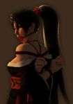  3d arms_behind_back ball_gag bare_shoulders bdsm black_hair bondage bound breasts dead_or_alive for_a_mouth_full_of_balls gag gagged japanese_clothes kimono large_breasts long_hair looking_at_viewer momiji_(ninja_gaiden) ponytail rope shibari simple_background smile solo 