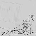  2016 air_horn anthro arctic_fox black_and_white blush camera canine clothed clothing cute disney female fox group inside jack_savage judy_hopps lagomorph lying male mammal monochrome on_front rabbit replytoanons sitting skye_(zootopia) sleeping sound_effects zootopia zzz 