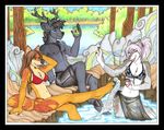  2014 anthro beverage bikini blue_eyes blue_fur breasts brown_hair canine cervine chest_tuft chris_(chris13131415) clothed clothing elk eyes_closed female fox fur green_eyes grey_fur group hair jenny_(chris13131415) jessy_(chris13131415) lake luthien_nightwolf male mammal outside partially_submerged pink_hair red_fox sitting smile soda splashing standing swimsuit tan_fur topless tree tuft water wolf 