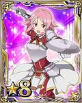  breastplate card_(medium) hair_ornament hairclip holding holding_weapon lisbeth_(sao-alo) looking_at_viewer number official_art open_mouth pink_eyes pink_hair pointy_ears shield short_hair skirt solo star sword_art_online sword_art_online:_code_register weapon 