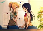  ayase_eli bangs blonde_hair blue_eyes blue_hair blush bow bowtie brown_eyes bulletin_board chair character_name chromatic_aberration clenched_hands desk green_bow green_neckwear long_hair looking_at_another love_live! love_live!_school_idol_project marker multiple_girls open_mouth otonokizaka_school_uniform plaid plaid_skirt ponytail red_bow red_neckwear school_uniform short_sleeves signature skirt sonoda_umi striped striped_bow striped_neckwear suito sweatdrop sweater_vest writing_on_hand yuri 