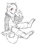  5_fingers blush canine clothing hoodie mammal neck_tuft pants red_eyes simple_background sitting tuft wolf young 騰騰騰 