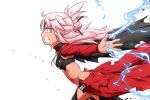  1girl bangs black_legwear blush breasts brown_eyes chloe_von_einzbern clenched_teeth electricity eyebrows_visible_through_hair fate/kaleid_liner_prisma_illya fate_(series) hair_between_eyes highres long_hair long_sleeves neon-tetora outstretched_arm pink_hair profile running simple_background small_breasts solo stomach_tattoo tattoo teeth thighhighs very_long_hair white_background 