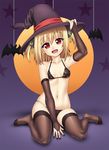  bare_shoulders bat belly bikini blonde_hair breasts fingerless_gloves gloves hair_ornament halloween hat highres kneeling moon no_shoes open_mouth original red_eyes ribbon short_hair small_breasts solo swimsuit thighhighs witch witch_hat zeshgolden 