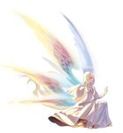  1girl angel angel_wings blonde_hair christianity dress eyelashes gabriel_(angel) habit halo kneeling kyara36 long_hair mythology solo white_background white_dress wings 