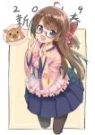  1girl 2019 :d ahoge amemiya_sekira animal apron bangs blue-framed_eyewear blue_skirt blush boar bow brown_hair brown_legwear chinese_zodiac commentary_request eyebrows_visible_through_hair floral_print flower frilled_apron frills hair_bow hair_flower hair_ornament hands_up highres index_finger_raised japanese_clothes kimono long_hair looking_at_viewer one_side_up open_mouth original pantyhose pink_apron pink_kimono pleated_skirt print_kimono purple_eyes red_bow red_flower sekira_ame semi-rimless_eyewear short_kimono sidelocks skirt smile solo spoken_animal under-rim_eyewear very_long_hair year_of_the_pig 