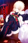  artoria_pendragon_(all) bag bangs black_footwear black_gloves black_hat black_legwear black_santa_costume blonde_hair blurry boots bow bowtie box brown_legwear closed_mouth crossed_legs curtains depth_of_field eyebrows eyebrows_visible_through_hair fate/grand_order fate_(series) fur-trimmed_boots fur_trim gift gift_box glint gloves hat hat_removed head_rest headwear_removed highres knees_up light_particles looking_at_viewer machimura_komori pantyhose santa_alter santa_costume santa_hat sitting smile solo striped striped_bow striped_neckwear sword thigh_boots thighhighs weapon yellow_eyes 