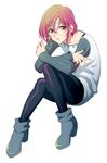  androgynous brown_eyes crossed_arms eyebrows eyebrows_visible_through_hair full_body glasses gowther high_heels highres looking_at_viewer male_focus nanatsu_no_taizai natsuko_(bluecandy) otoko_no_ko parted_lips pink_hair ribbed_sweater simple_background sitting solo sweater white_background 