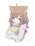  +++ 1girl ahoge animal animal_ear_fluff animal_ears blush_stickers brown_hair cat_ears closed_mouth commentary_request fish food_in_mouth grey_hoodie highres hood hood_down hoodie long_hair mafuyu_(chibi21) mouth_hold multicolored_hair object_hug original purple_eyes purple_hair signature simple_background solo streaked_hair white_background x_x 