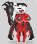  anthro breasts female fur hair legendary_pok&eacute;mon nintendo nipples nude pok&eacute;mon pussy razplus simple_background slightly_chubby solo tsundere video_games white_hair yveltal 