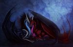  blue_background blue_skin claws digital_media_(artwork) dragon duo eyes_closed horn isvoc lying membranous_wings nude red_skin scales simple_background smooth_horn white_scales wings 