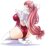  ass blush breasts clothes_lift competition_swimsuit from_behind glasses head_tilt kneeling large_breasts log-mi_(tonpuu) long_hair one-piece_swimsuit original pink_hair ponytail purple_eyes red_swimsuit ribbed_sweater solo sweater sweater_lift swimsuit thighhighs tonpuu white_legwear white_sweater 