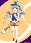  alternate_costume artist_name bat_wings black_vest blush bow bowtie brown_footwear candy commentary_request fangs food full_body green_eyes grey_hair halloween halloween_costume hat lollipop long_hair long_sleeves looking_at_viewer makuwauri mononobe_no_futo open_mouth pantyhose ponytail puffy_pants purple_bow purple_neckwear shirt shoes solo top_hat touhou vest waistcoat white_legwear white_shirt wings 