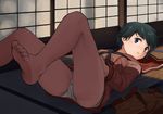  bangs bare_legs barefoot belt black_hair breasts feet green_eyes indoors kantai_collection legs_up long_sleeves looking_at_viewer lying mogami_(kantai_collection) neckerchief no_pants on_back on_floor panties parted_lips sailor_collar shade short_hair shorts shorts_removed sliding_doors small_breasts soles solo tatami thighs toenails tooku_nomura_(artist) unbuckled_belt underwear white_panties 