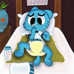  anthro bed bedding black_eyes blue_fur blush bottle bowl cartoon_network cat clothing diaper embarrassed feline fish fur goldfish gumball_watterson jayson_(artist) lying mammal marine paws pillow shelf solo the_amazing_world_of_gumball urine wet_diaper 