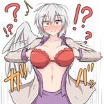  /\/\/\ 1girl ? blush bra breasts breasts_apart constricted_pupils eyebrows eyebrows_visible_through_hair feathered_wings frilled_bra frills grey_hair grey_wings jacket kishin_sagume kuroba_rapid large_breasts navel open_clothes open_jacket open_shirt purple_shirt purple_skirt red_bra red_eyes shirt short_hair single_wing skirt skirt_set smile solo sweat touhou tsurime underwear undressing upper_body wings 