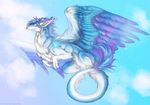  ambiguous_gender blue_fur claws day digital_media_(artwork) dragon feathered_dragon feathered_wings feathers feral flying fur furred_dragon horn isvoc nude outside purple_feathers ridged_horn sky smile solo white_fur wings 