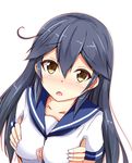  ahoge aikawa_ryou between_breasts blue_hair blush breasts brown_eyes collarbone condom hands_on_own_chest kantai_collection large_breasts long_hair looking_at_viewer open_mouth school_uniform serafuku solo ushio_(kantai_collection) white_background 