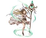  arm_guards armlet bare_shoulders blonde_hair breasts collar dress feathers full_body granblue_fantasy hand_on_own_chest headdress holding jewelry long_hair medium_breasts minaba_hideo official_art petra_(granblue_fantasy) sandals solo staff transparent_background white_dress yellow_eyes 