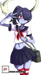  1girl absurdres alternate_costume arm_up artist_name bag bangs blue_sailor_collar blue_skin blue_skirt breasts closed_mouth eyebrows_visible_through_hair eyes_closed female hair_over_one_eye hand_up happy highres legs_together leviathan_(skullgirls) looking_at_viewer midriff miniskirt navel neckerchief patreon_logo patreon_username pleated_skirt purple_hair red_eyes red_legwear red_neckwear sailor_collar school_uniform serafuku shiny shiny_hair shiny_skin shirt short_sleeves side_ponytail simple_background skindentation skirt skullgirls small_breasts smile solo squigly_(skullgirls) standing stitched_mouth stitches striped striped_legwear thigh_gap thighhighs tied-hair w watermark web_address white_background white_shirt zanatemx zettai_ryouiki zombie 