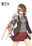  brown_hair clenched_hand jacket legs_apart mechanical_arm miniskirt necktie original plaid plaid_skirt pleated_skirt school_uniform shiny shiny_skin skirt solo takahashi_umori translation_request visor 