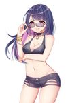  absurdres bad_id bad_pixiv_id black_bra black_hair black_shorts bra bracelet breasts chuor_(chuochuoi) cleavage collarbone covered_nipples glasses grin groin highres jewelry long_hair medium_breasts midriff multicolored_hair navel original pink_hair purple_eyes see-through short_shorts shorts simple_background smile solo sunglasses two-tone_hair underwear white_background 