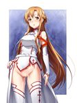  1girl asuna_(sao) bare_shoulders blush bottomless braid breasts brown_eyes brown_hair censored elbow_gloves floating_hair highres kotobuki_hajime legs long_hair looking_at_viewer mosaic_censoring mound_of_venus no_panties parted_lips plate_armor pussy pussy_juice shaved shaved_pussy simple_background solo standing sweat sword_art_online thighhighs thighs wet 