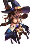  absurdres ankle_boots badge bangs bare_shoulders bdsm beatrix_(granblue_fantasy) belt blush boots bound breasts broom brown_hair bustier button_badge chain cleavage cross crucifixion crystal detached_collar detached_sleeves from_above full_body granblue_fantasy groin halloween hat hat_ribbon highres knees_together_feet_apart large_breasts long_hair midriff nail navel pumpkin purple_eyes restrained ribbon shogo_(shogo) simple_background skirt skull solo star stomach strapless striped striped_legwear striped_ribbon tears thighhighs tied_up white_background witch_hat 