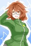  1girl ahoge araki_hina blush breasts brown_eyes brown_hair glasses highres idolmaster idolmaster_cinderella_girls jacket large_breasts messy_hair open_mouth short_hair smile solo track_jacket 