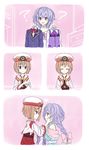  absurdres bare_shoulders blanc blue_eyes braid brown_hair comic cosplay cyan_aeolin gochuumon_wa_usagi_desu_ka? hair_ornament hat heart highres holding_clothes long_hair multiple_girls neptune_(series) purple_eyes purple_hair pururut rabbit_house_uniform short_hair smile very_long_hair yuri 